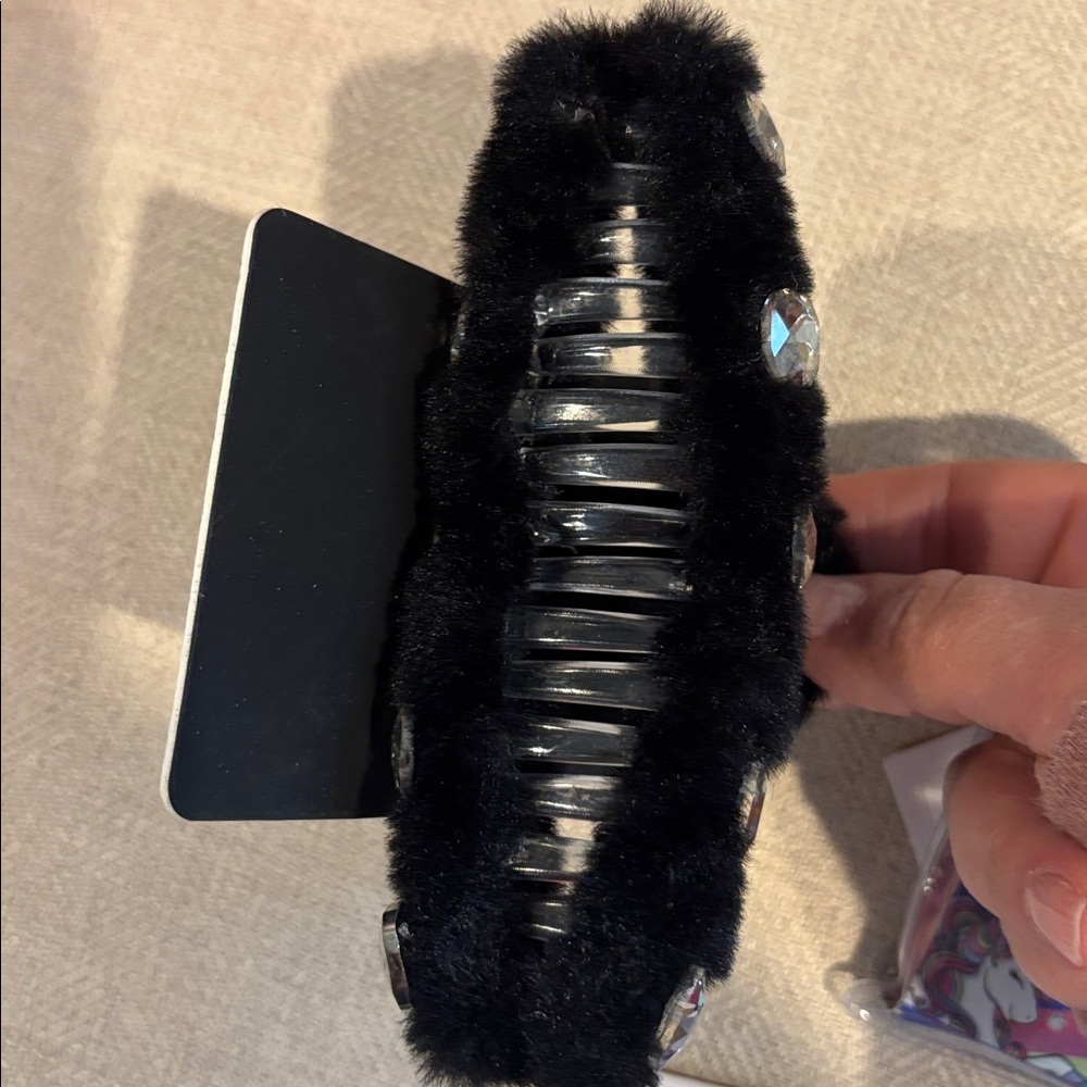 nOir  Black Faux Fur Hair Clip with Gem Accents bundle for your little ones - Picture 7 of 8